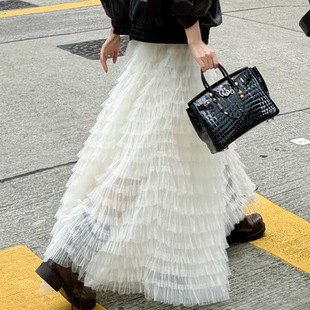 层层叠叠高腰白色蛋糕裙纱裙女绝美超仙a字半身裙 春季 现货