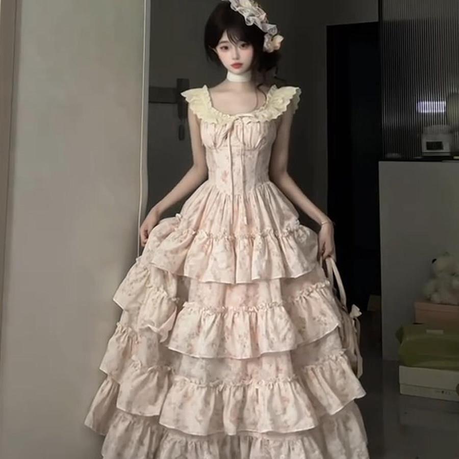 粉色甜美碎花装女夏洋WT35323季特别漂高级感公亮主蛋糕裙裙大摆