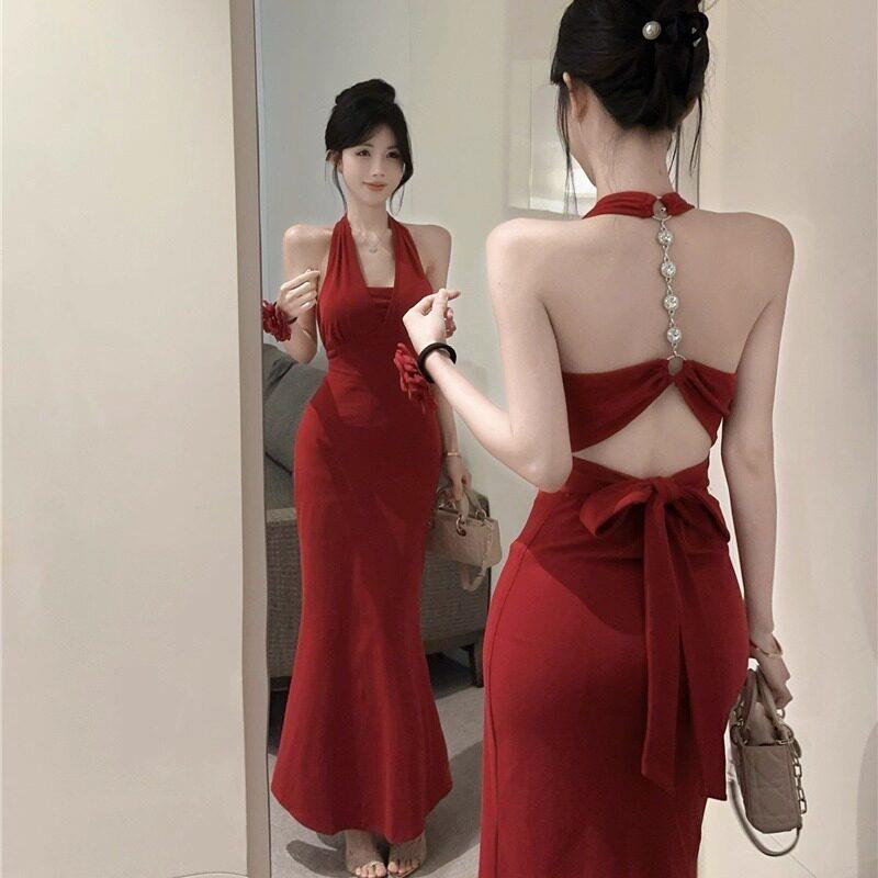 名颈媛风挂绑带臀吊带洋装女夏季纯欲性SGF感身修露背鱼尾裙包长