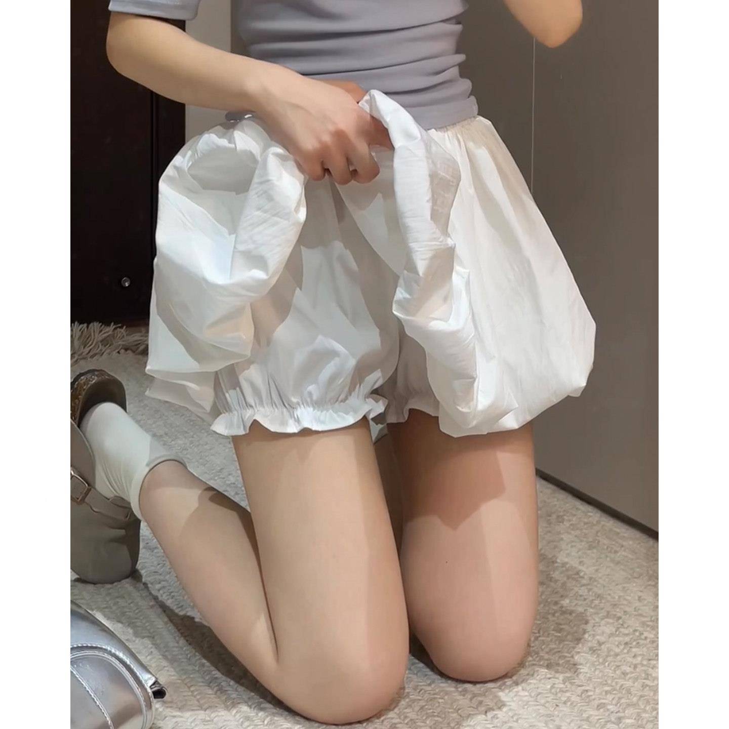 大尺码LKI胖mm白花苞色裙裤女夏季薄身款设计感蓬灯笼a字短蓬款半