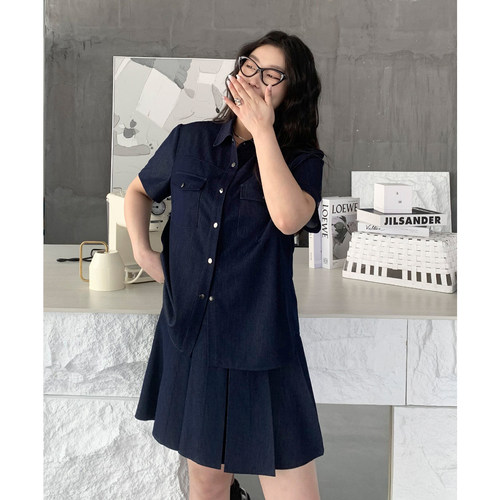 CV大码女装 春夏新款翻领仿牛仔短袖衬衫百褶半身短裙女套装显瘦