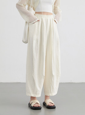 CV大码女装夏季日系松紧高腰褶皱阔腿休闲裤奶芙山本裤九分萝卜裤