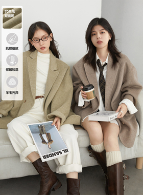 CV大码女装 初冬新款高级质感气质羊毛双面毛呢外套西装式呢大衣