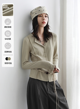 CV大码女装 春季新款小翻领长袖T恤修身正肩坑条针织开衫女胖妹mm