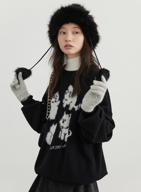 CV大码女装 2026春季新款韩版圆领小狗刺绣提花毛衣软糯针织衫女