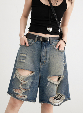 CV大码女装 2026夏季新款做旧破洞毛边牛仔短裤阔腿裤五分中裤女