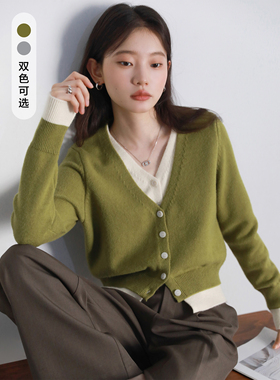 CV大码女装 春季新款正肩V领撞色假两件单排扣长袖毛针织开衫胖mm