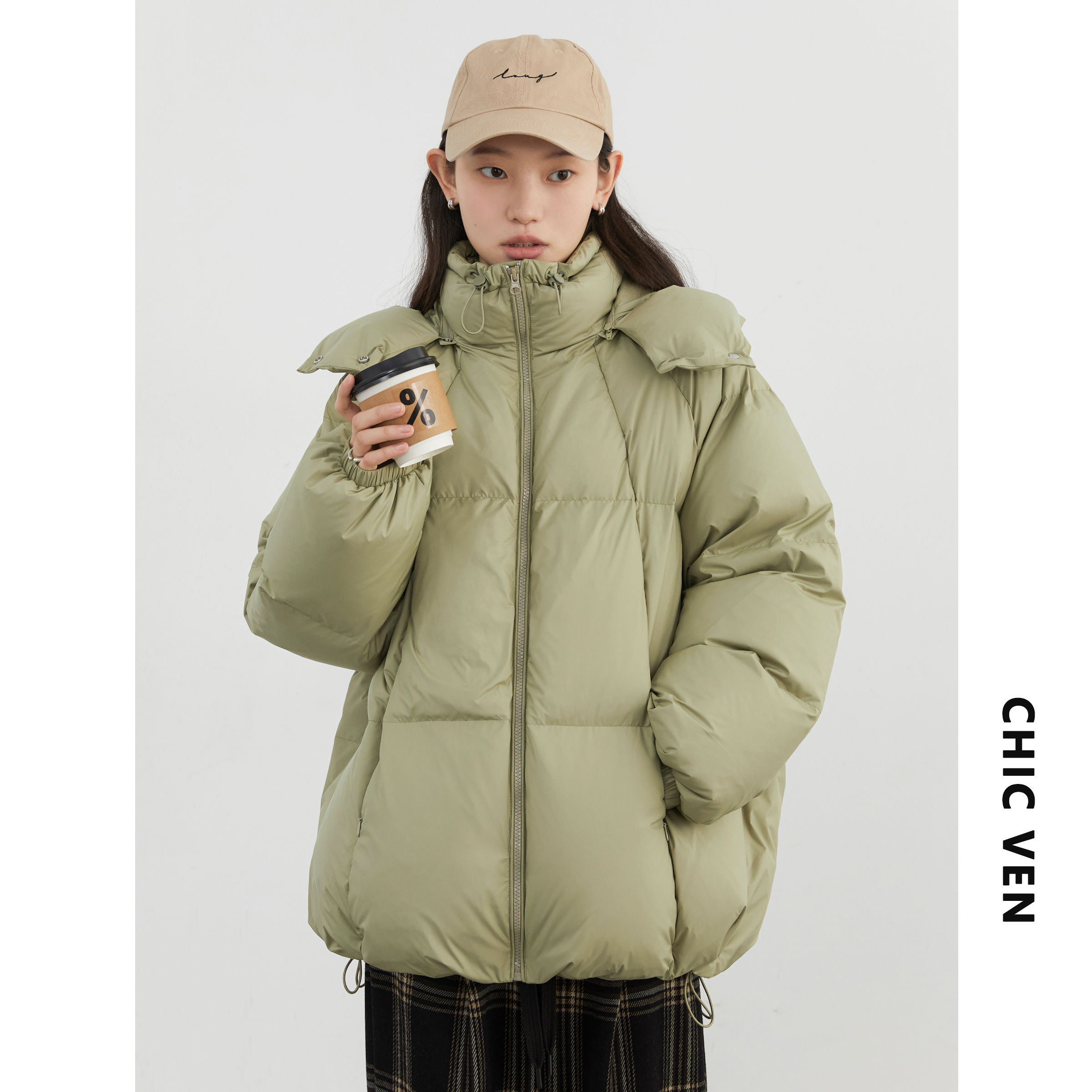 CV大码女装 2024冬季新款超轻连帽90白鸭绒羽绒服中长款保暖外套