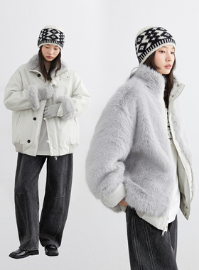 CV大码女装冬季新品仿狐狸毛绒保暖棉服正反两穿夹克外套女胖妹mm