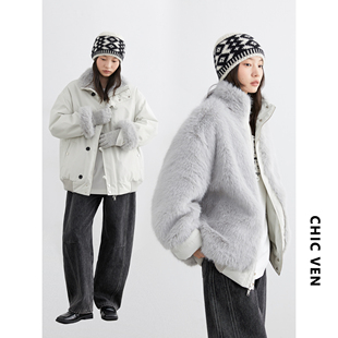 新品 冬季 仿狐狸毛绒保暖棉服正反两穿夹克外套女胖妹mm 女装 CV大码