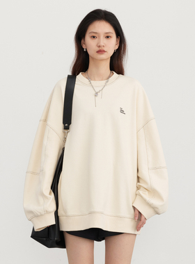 CV大码女装 春季新款街头休闲宽松字母刺绣撞色绗线长袖卫衣胖mm