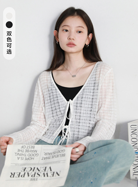 CV大码女装 春季新款慵懒感纯色V领系带针织开衫镂空短款女胖妹mm