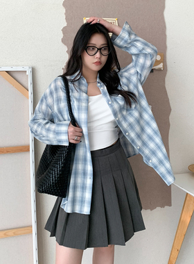 CV大码女装夏季新款元气纯棉翻领浅蓝格子衬衫上衣防晒衬衣女胖mm