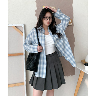 女装 气纯棉翻领浅蓝格子衬衫 夏季 元 上衣防晒衬衣女胖mm 新款 CV大码