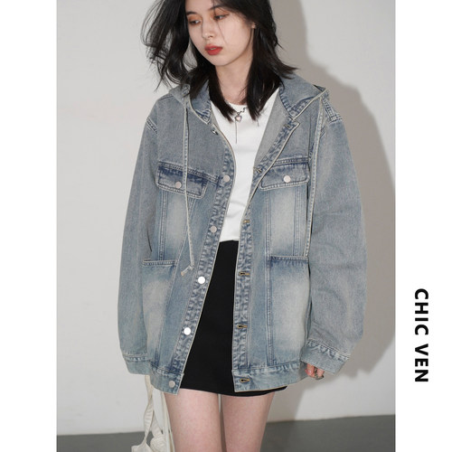 CV大码女装 春季新款街头水洗抽绳连帽牛仔外套休闲宽松夹克胖mm