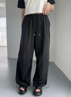 CV大码女装 美式复古宽松系带抽绳阔腿纸袋裤休闲工装裤夏季显瘦