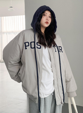 CV大码女装 冬季新品BF风假两件连帽刺绣棉服棒球服外套胖MM显瘦