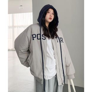 新品 冬季 BF风假两件连帽刺绣棉服棒球服外套胖MM显瘦 女装 CV大码
