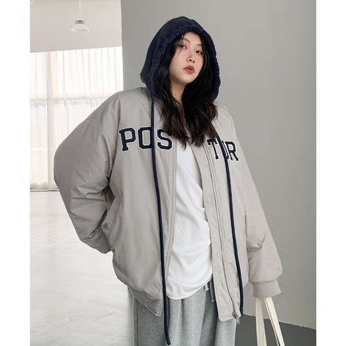 CV大码女装 冬季新品BF风假两件连帽刺绣棉服棒球服外套胖MM显瘦