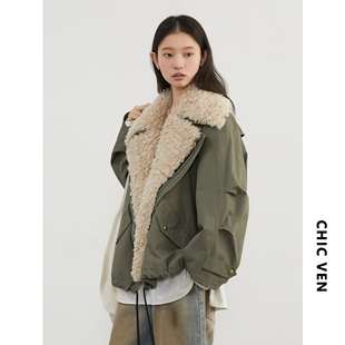 复古巴恩风毛领机车棉服保暖夹克外套女 2025冬款 CHICVEN大码 女装