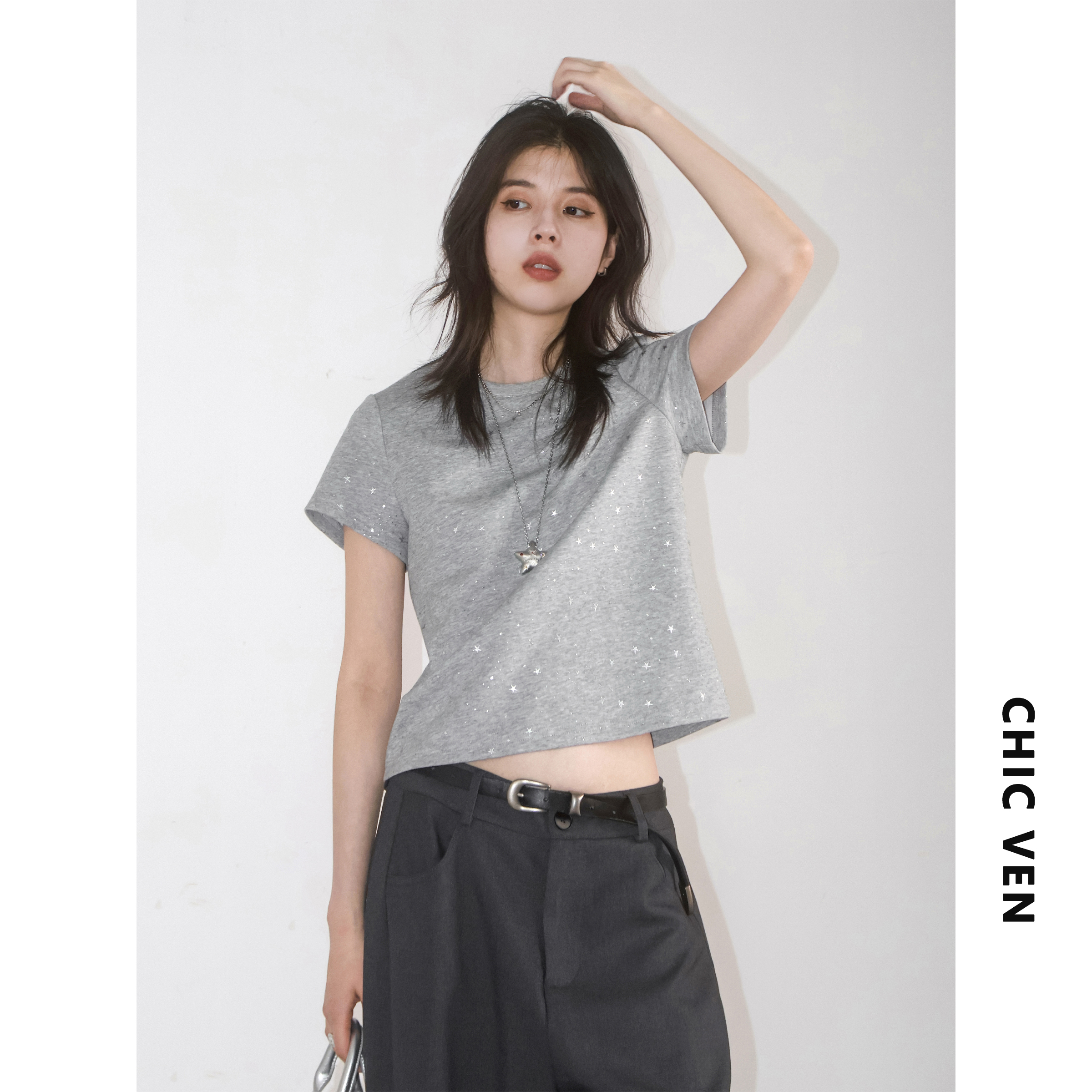 韩系重工星星滴塑烫金短袖T恤女