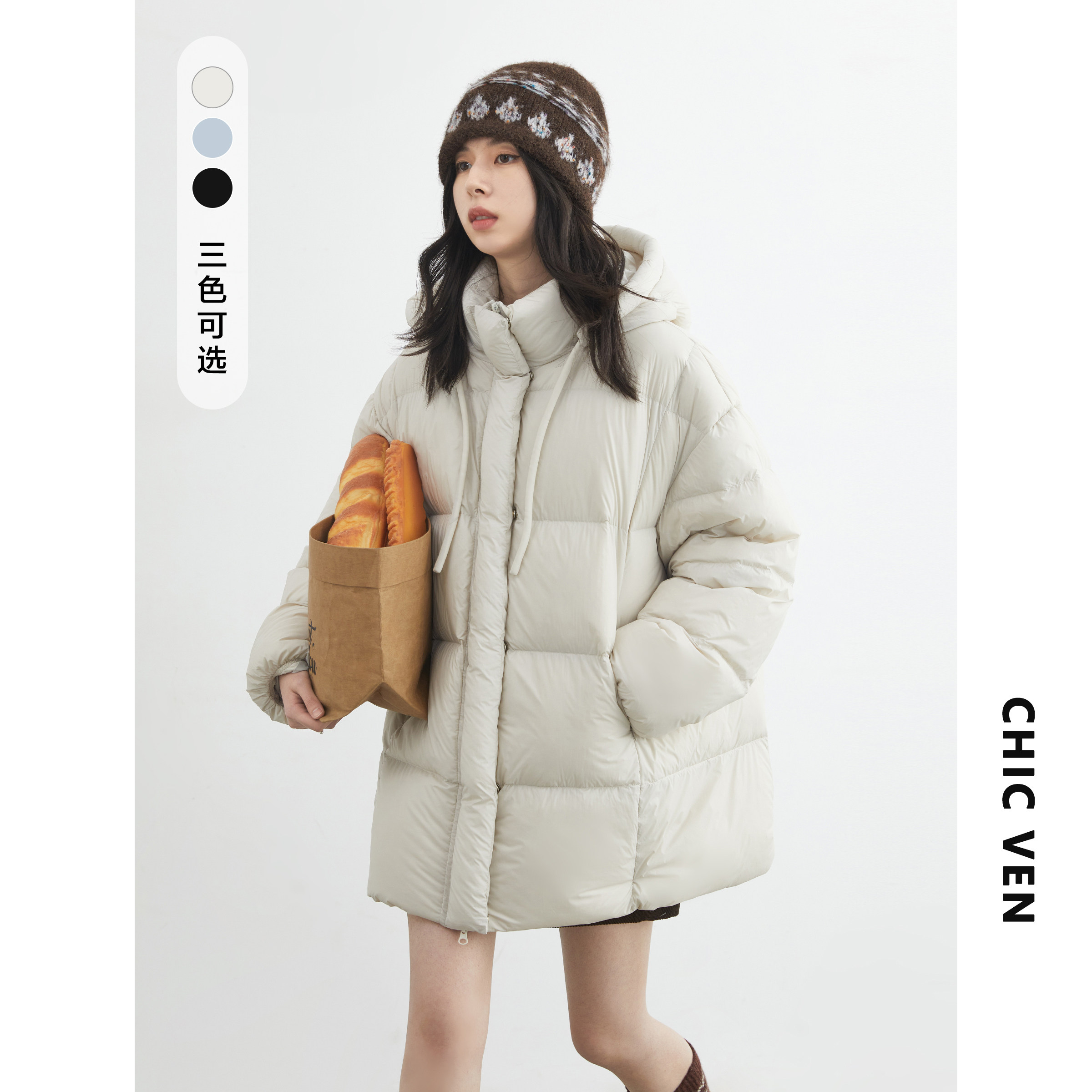 白鸭绒防风泡芙连帽羽绒服女胖mm