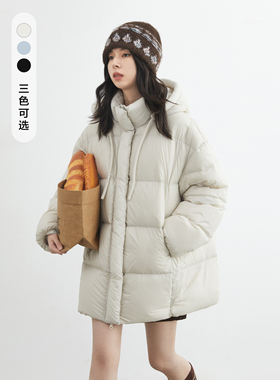 CV大码女装冬新品90白鸭绒防风锁温锁绒泡芙飘带连帽羽绒服女胖mm