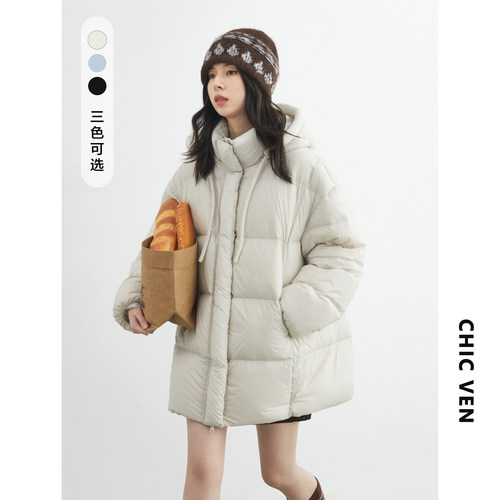 白鸭绒防风泡芙连帽羽绒服女胖mm