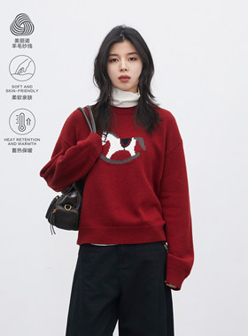 CV大码女装春新款新年氛围感小木马提花针织衫红色羊毛毛衣女胖mm