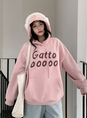 CV大码女装 2025冬季新款字母连帽加绒卫衣oversize磨毛上衣胖mm