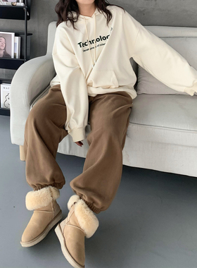 CV大码女装 冬季新款高腰摇粒绒束脚运动裤休闲加绒卫裤胖MM显瘦