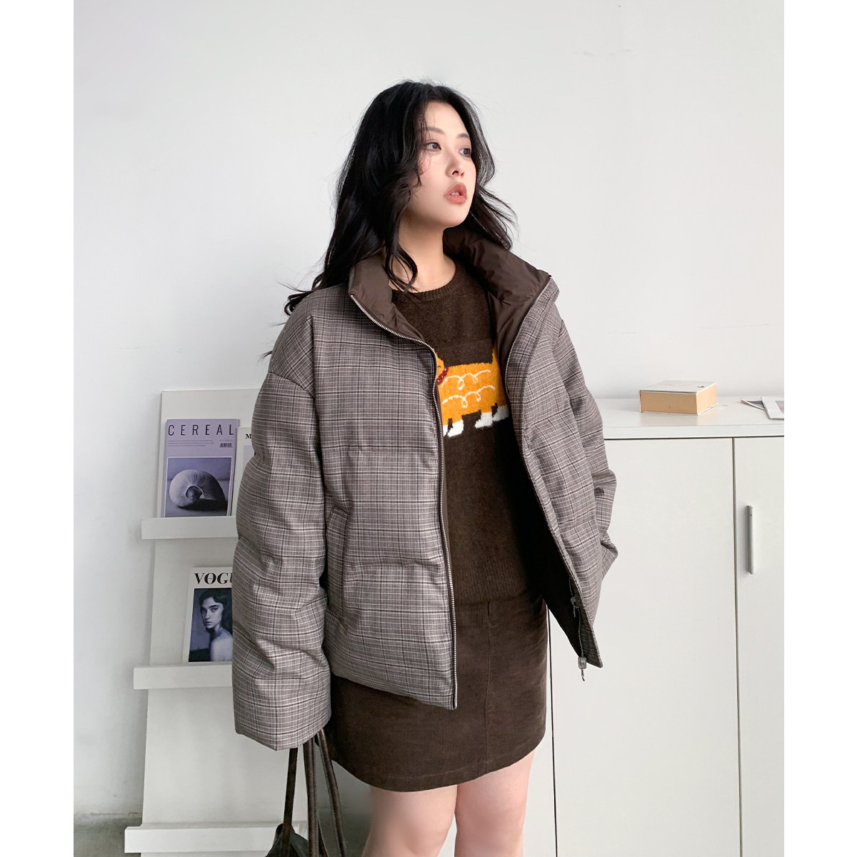 复古双面穿立领羽绒服外套女胖mm