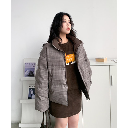 复古双面穿立领羽绒服外套女胖mm