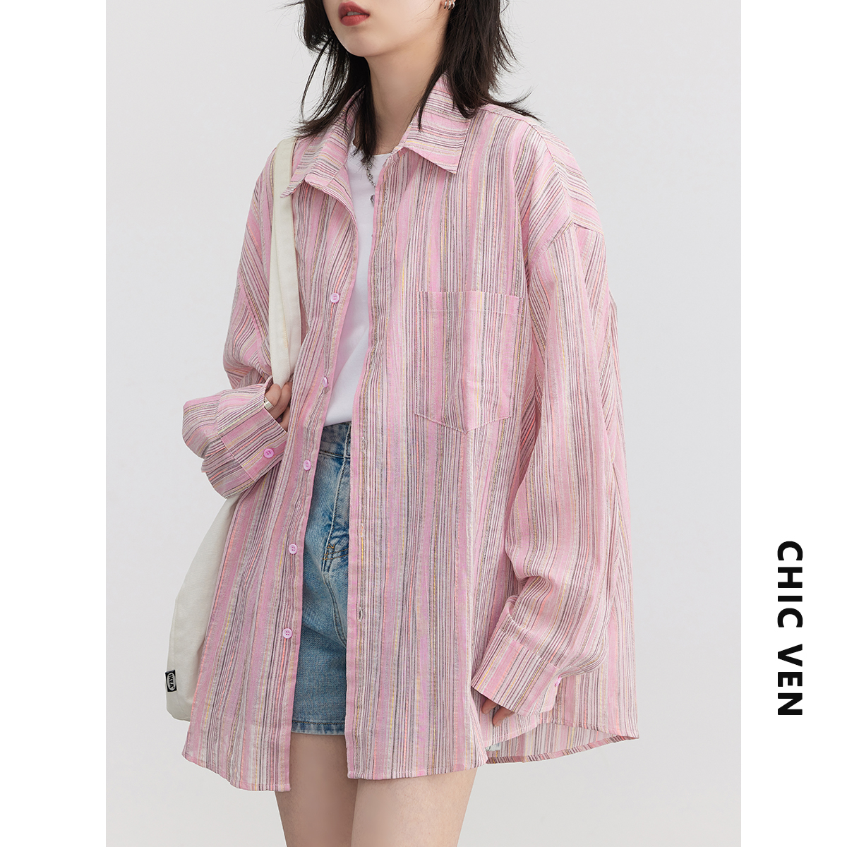 CV大码女装 休闲宽松条纹粉色亚麻衬衫女上衣防晒衬衣夏新款胖mm