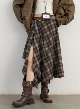 CV大码女装春款设计感高腰不规则半身裙撞色格纹磨毛中长裙女胖mm