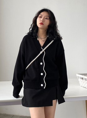 CV大码女装 软糯亲肤~俏皮减龄v领波浪门襟长袖毛针织开衫女秋季