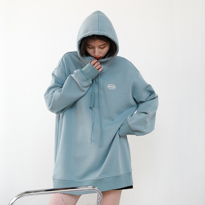 CV大码女装减龄学院宽松休闲连帽贴标磨毛卫衣打结绳设计套头上衣