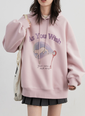 CV大码女装2026春季新款原创插画设计小羊卡通印花连帽卫衣上衣女