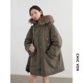 真貉子大毛领白鸭绒工装 冬季 羽绒服天丝连帽派克服女 女装 CV大码