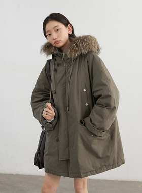 CV大码女装 冬季真貉子大毛领白鸭绒工装羽绒服天丝连帽派克服女