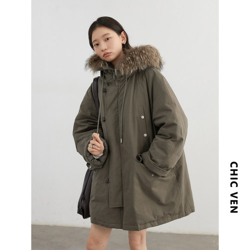 CV大码女装 冬季真貉子大毛领白鸭绒工装羽绒服天丝连帽派克服女