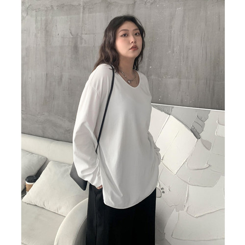 T恤U领长袖开叉打底衫白色莼棉