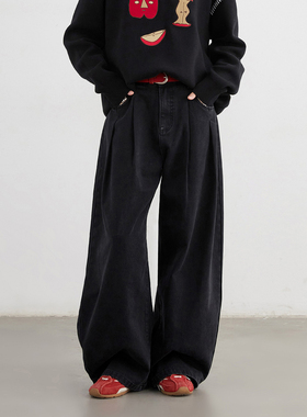 CV大码女装 秋冬新款做旧水洗弯刀牛仔裤立体压褶宽松阔腿长裤