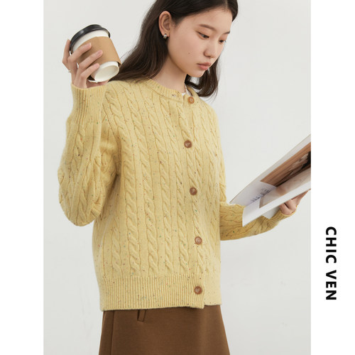 CV大码女装 冬季新款美丽奴荃羊毛针织开衫粗麻花彩点毛衣胖MM女