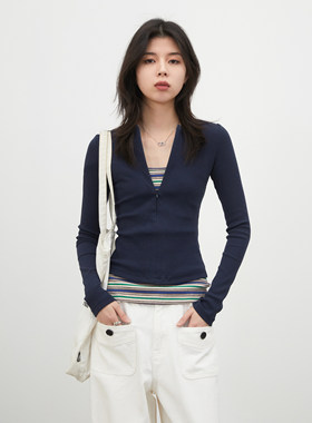 CV大码女装春款半开襟V领T恤撞色条纹吊带背心修身显瘦两件套胖mm