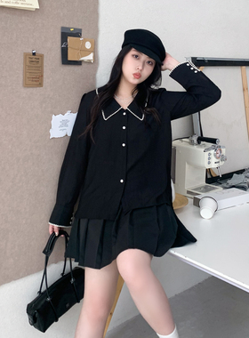 CV大码女装 复古气质泡泡袖撞色明线翻领肌理感压皱衬衫上衣女夏