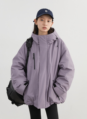 CV大码女装 冬季户外立领连帽羽绒服90白鸭绒工装夹克外套胖MM女