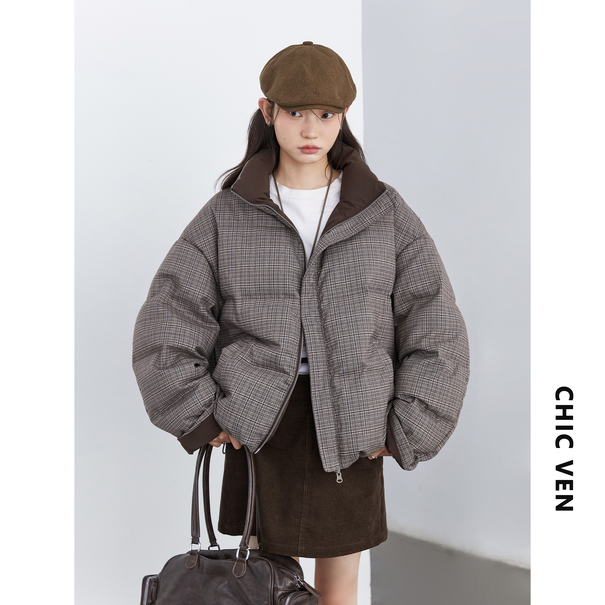 复古双面穿立领羽绒服外套女胖mm