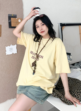 CV大码女装 2026夏季新款纯棉透气圆领字母印花短袖T恤上衣女胖mm