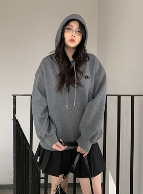 CV大码女装 冬季新款中性风连帽抽绳加绒卫衣oversize上衣胖MM女